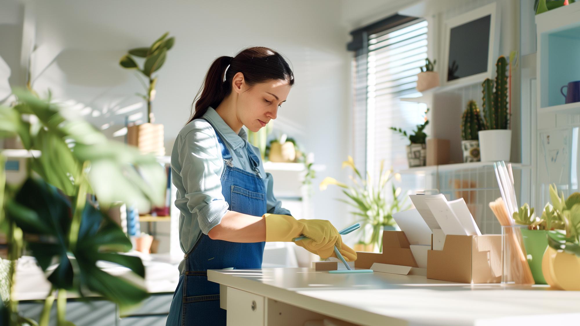 A woman wearing a blue apron and yellow gloves is seen cleaning a workspace filled with plants, natural light, and minimalistic decor. She is focused on organizing items on the table.